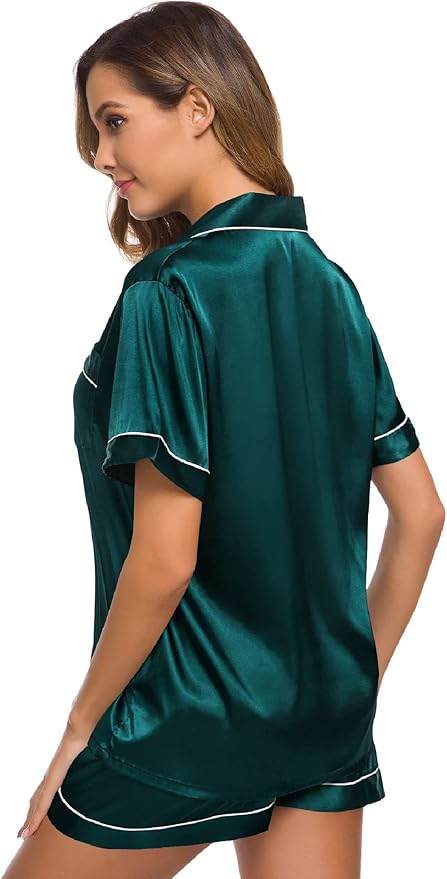 SWOMOG Womens Silk Satin Pajamas Set Short Sleeve Sleepwear Button Down Top and Shorts Loungewear 2 Piece Pjs Set XS-3XL