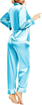 SIHA Satin Silk Pajamas for Women Pajama Set With Long Sleeve Button-Down Satin Pajamas Sleepwear XS-3XL