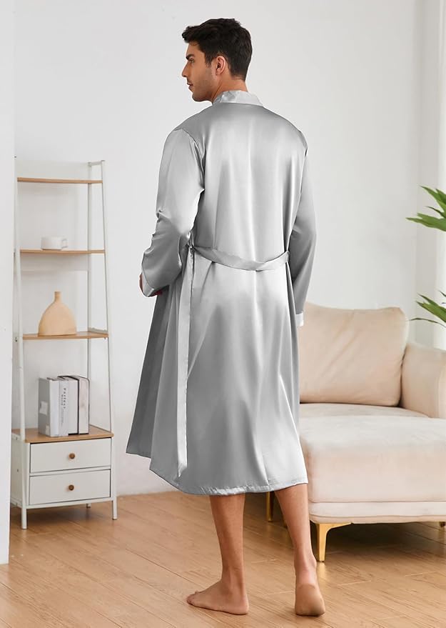 ZUEVI Men's Kimono Robe Set Silk Satin Long Sleeve Bathrobe with Shorts 2 PCS Sleepwear Pjs Sets