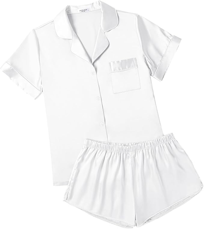 Ekouaer Womens Silk Satin Pajamas Set Short Sleeve Sleepwear Button Down Loungewear 2 Piece Pjs Shorts Set S-5X Plus Size