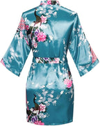 Women's Short Kimono Robes Bride and Bridesmaid Satin Floral Bathrobe Peacock Sleepwear Dressing Gown for Wedding Party