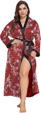 Womens Plus Size Silky Satin Kimono Robe Floral Long Bathrobe Wedding Sleepwear Dressing Gown