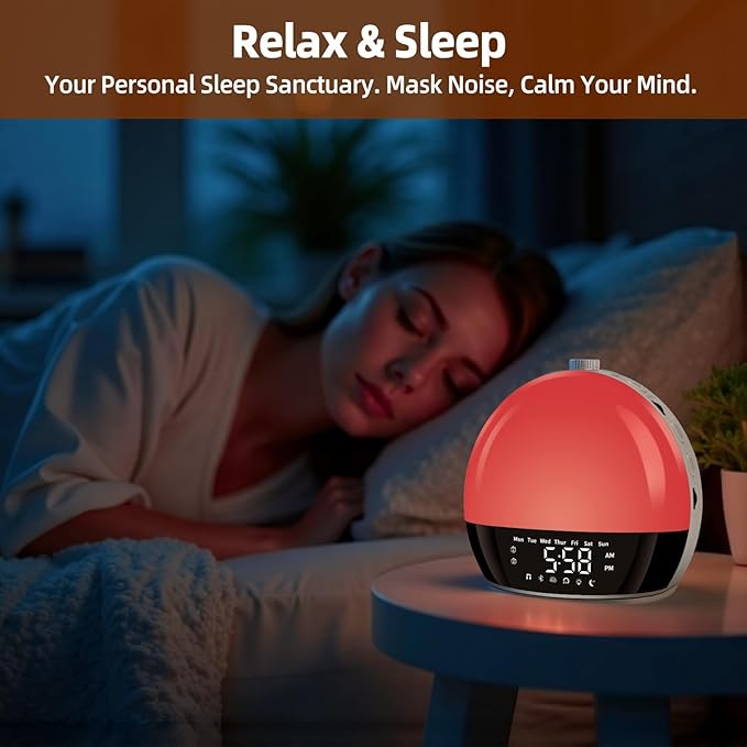 Sunrise Alarm Clock for Heavy Sleepers & Kids, Wake Up Light with Natural Simulation, Dual Alarm, Sleep Sound Machine, Dimmable LED Night Light, FM Radio, USB Charger for Bedroom