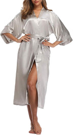 Women's Silk Robes Soft Long Satin Kimono Bathrobe Bride Bridesmaid Wedding Party Robes Sexy Sleepwear with Pockets
