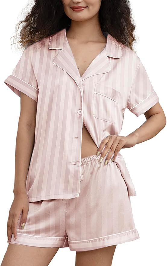 WJing Yi Jia Womens Silk Satin Pajamas Loungewear Two-Piece Sleepwear Button-Down Floral Pj Set XS-4XL