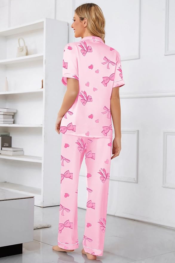 Umeyda Girls Womens Pajamas Set, Satin Silky Button Down Loungewear 2 Piece Short Sleeve Pants PJS Sets for Mommy Kids