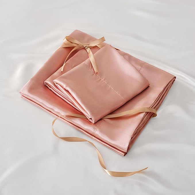 BEDELITE California King Sheets Set, Luxury Soft Rose Pink Satin Sheets for Hair and Skin, Similar to Silk Bed Sheets Set 4 Pieces with 1 Deep Pocket Fitted Sheet, 1 Flat Sheet, and 2 Pillowcases