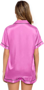 LecGee Womens Silk Satin Pajamas Short Sleeve Loungewear Two-Piece Sleepwear Button-Down Pj Set