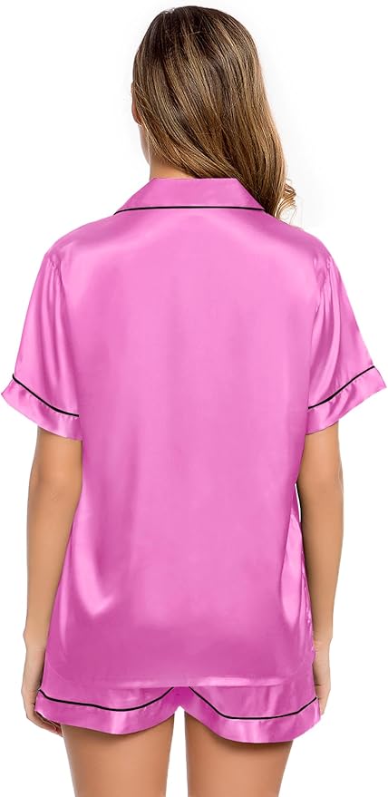LecGee Womens Silk Satin Pajamas Short Sleeve Loungewear Two-Piece Sleepwear Button-Down Pj Set