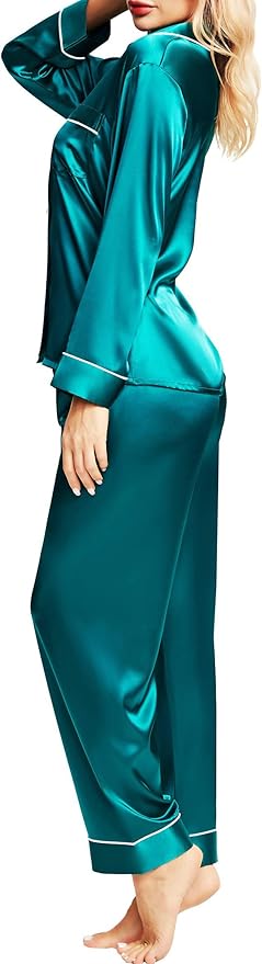 SIHA Satin Silk Pajamas for Women Pajama Set With Long Sleeve Button-Down Satin Pajamas Sleepwear XS-3XL