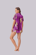 Ekouaer Womens Silk Satin Pajama Set Print Short Sleeve Sleepwear Button Down Pjs Shorts Set Loungewear