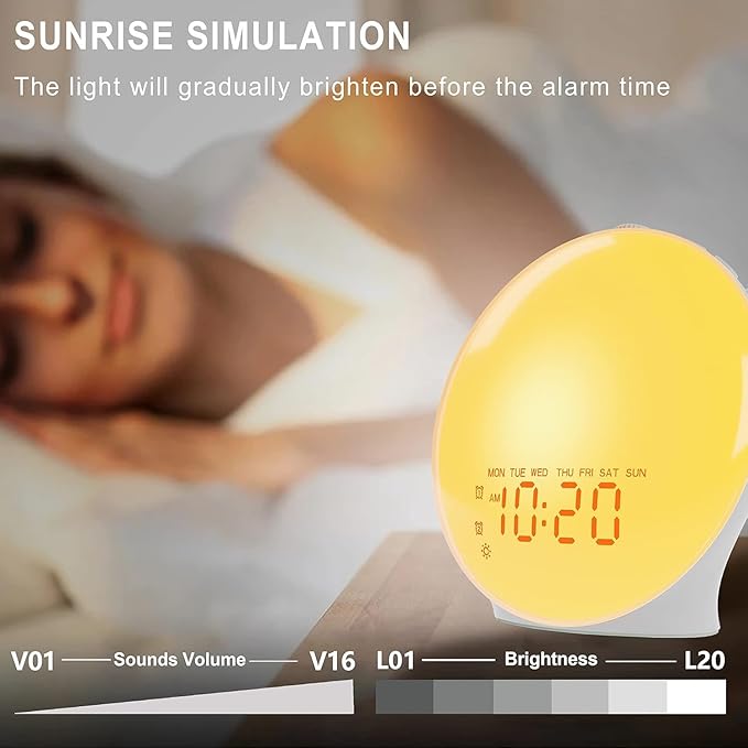Wake Up Light Sunrise Alarm Clock for Bedroom, 17 Nightlights, Sound Machine with 5W Bluetooth Speaker, 25 Soothing Sounds, SleepTimer, Dual Alarms, FM Radio, Ideal Gift for Baby, Kids, Adults, Senior
