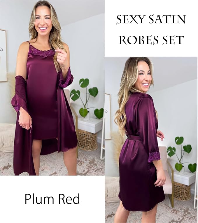 Ekouaer Sleepwear Women's Satin Nightgown with Robes Set 2 Piece Sexy Lace Cami Nightwear
