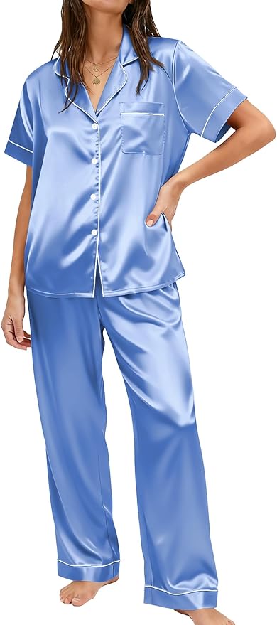 Ekouaer Womens Silky Satin Pajamas Set Short Sleeve Button Down Sleepwear 2 Piece Lounge Set Pj Set