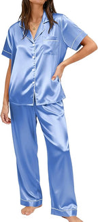 Ekouaer Womens Silky Satin Pajamas Set Short Sleeve Button Down Sleepwear 2 Piece Lounge Set Pj Set