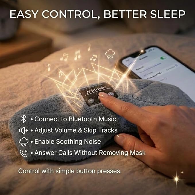 Sleepals Bluetooth Sleep Mask with 24 Built-in White Noise Sounds, Ultra-Slim Headphones for Side Sleepers, 100% Light Blockout 3D Eye Mask, Washable Fleece Sleep Headphones (Gray)