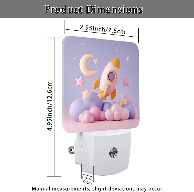 Rocket Night Lights Plug Into Wall, Playful Fanciful Moon Stars None Pastel Peach Plug in Night Light with Dusk to Dawn Sensor for Bathroom Closet Laundry Room Decor 1pcs