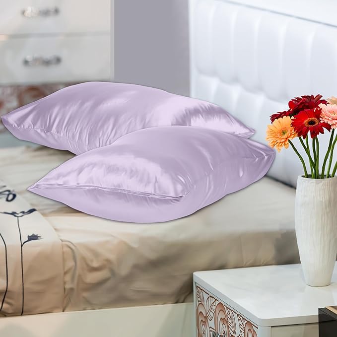 2 Pack Satin Pillowcase with Hidden Zipper, Adjustable Satin Eye Mask for Sleeping and Satin Volume Scrunchie for Hair and Skin, Standard Size(Purple,Classic Style)