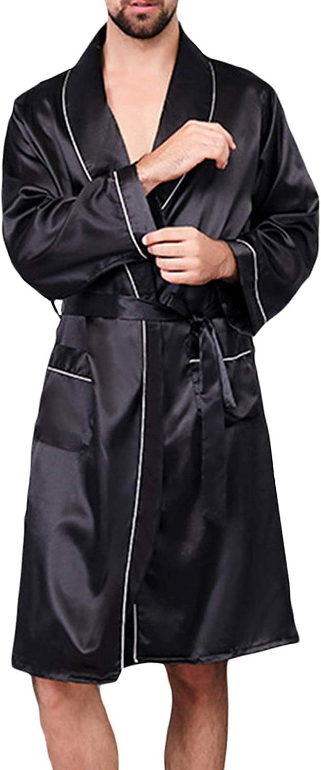 Mens Satin Robe,Silk Long Sleeve House Kimono Bathrobe,Soft Loungewear Dragon Robe