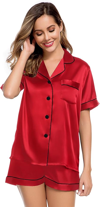 LecGee Womens Silk Satin Pajamas Short Sleeve Loungewear Two-Piece Sleepwear Button-Down Pj Set