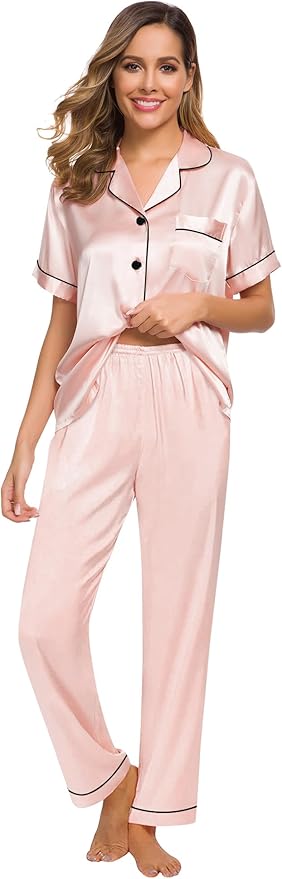 SWOMOG Women Satin Pajamas Set Short Sleeve Top & Pants Sleepwear Silky Button Down Nightwear 2pcs Loungewear Pjs Set