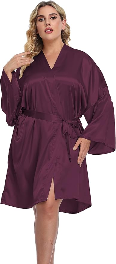 Women's Plus Size Short Silky Bathrobes Satin Kimono Robes Bride Bridesmaid Loungewear Soft Nightgown