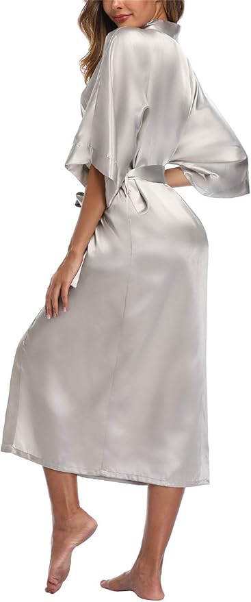 Women's Silk Robes Soft Long Satin Kimono Bathrobe Bride Bridesmaid Wedding Party Robes Sexy Sleepwear with Pockets
