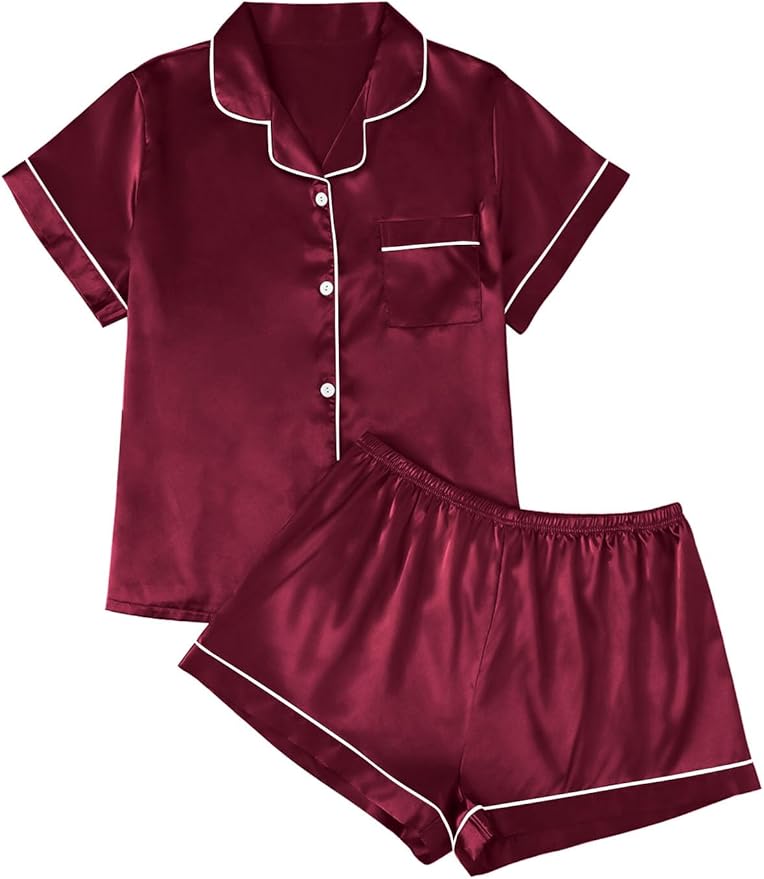LILLUSORY Silk Satin Pajama Set for Women 2 Piece Lounge Pjs Winter Matching Summer Sleepwear Button Down Shirt Shorts