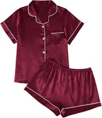 LILLUSORY Silk Satin Pajama Set for Women 2 Piece Lounge Pjs Winter Matching Summer Sleepwear Button Down Shirt Shorts
