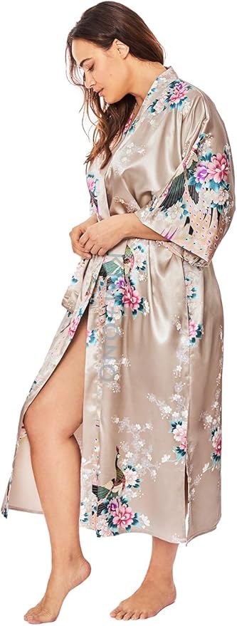 KIM+ONO Plus Size Luxury Kimono Robe for Women | Long Satin Floral Robe | Original Design | Removable Waist Tie Closure