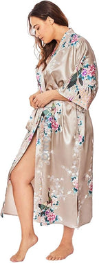 KIM+ONO Plus Size Luxury Kimono Robe for Women | Long Satin Floral Robe | Original Design | Removable Waist Tie Closure