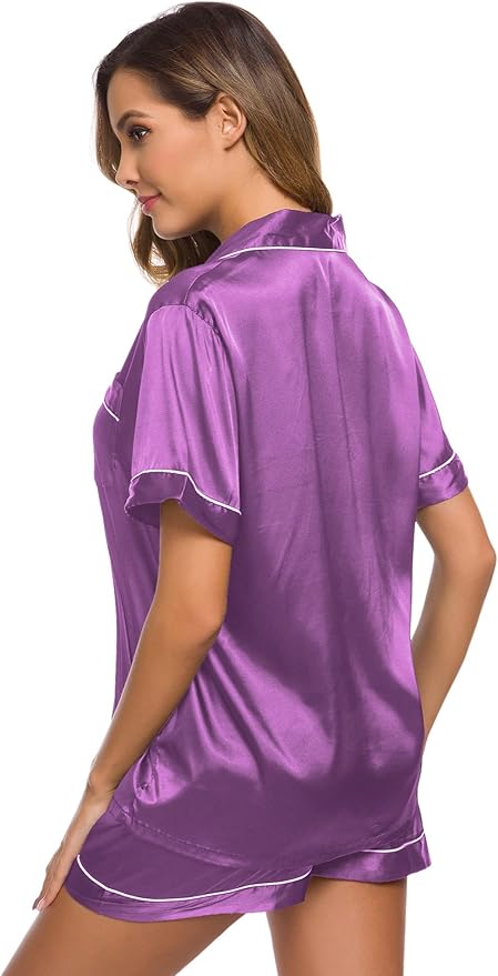 SWOMOG Womens Silk Satin Pajamas Set Short Sleeve Sleepwear Button Down Top and Shorts Loungewear 2 Piece Pjs Set XS-3XL