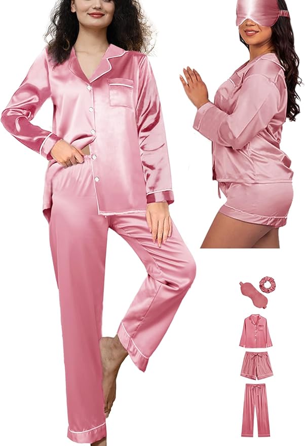 WJing Yi Jia 5Pcs XS-XXL Womens Silk Satin Pajamas Sets Long Pj Sets Button Down Pjs Set Loungewear Sleepwear