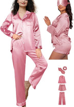 WJing Yi Jia 5Pcs XS-XXL Womens Silk Satin Pajamas Sets Long Pj Sets Button Down Pjs Set Loungewear Sleepwear