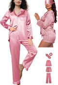 WJing Yi Jia 5Pcs XS-XXL Womens Silk Satin Pajamas Sets Long Pj Sets Button Down Pjs Set Loungewear Sleepwear