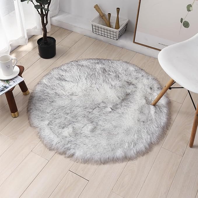 Faux Fur Round Area Rug Soft Fuzzy Carpet Fluffy Plush Mat Home Floor Decoration for Bedroom Living Room Bedside White with Black 19.6inch