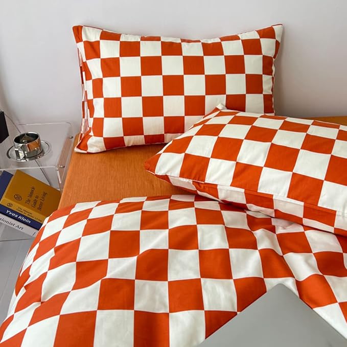 CLOTHKNOW Orange Beige Plaid Full Size Comforter Set 3Pcs Grid Bedding Comforter Sets Terracotta Checker Comforter with 2 x Pillow Cases