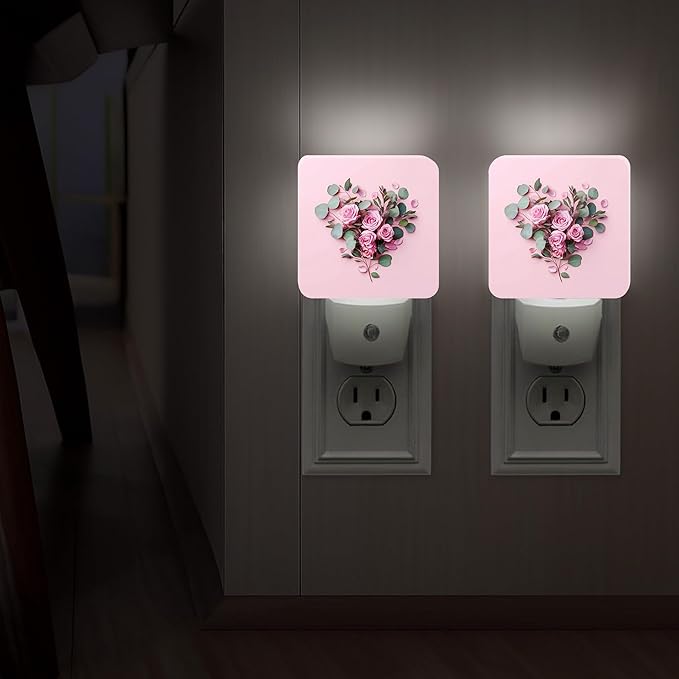 Roses Night Lights Plug Into Wall, Floral Romantic Eucalyptus Heart Shape Spring Peach Compact Plug in Outlet Night Light Led Lamp for Entryway Garage Stairs Decor 2pcs