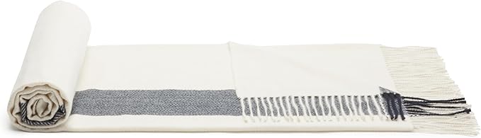 Amazon Basics Chunky Knit Throw Blanket, Lightweight Polyester with Textured Cross-Check Pattern and Fringed Edges, 50 x 60 Inch, Ivory with Blue