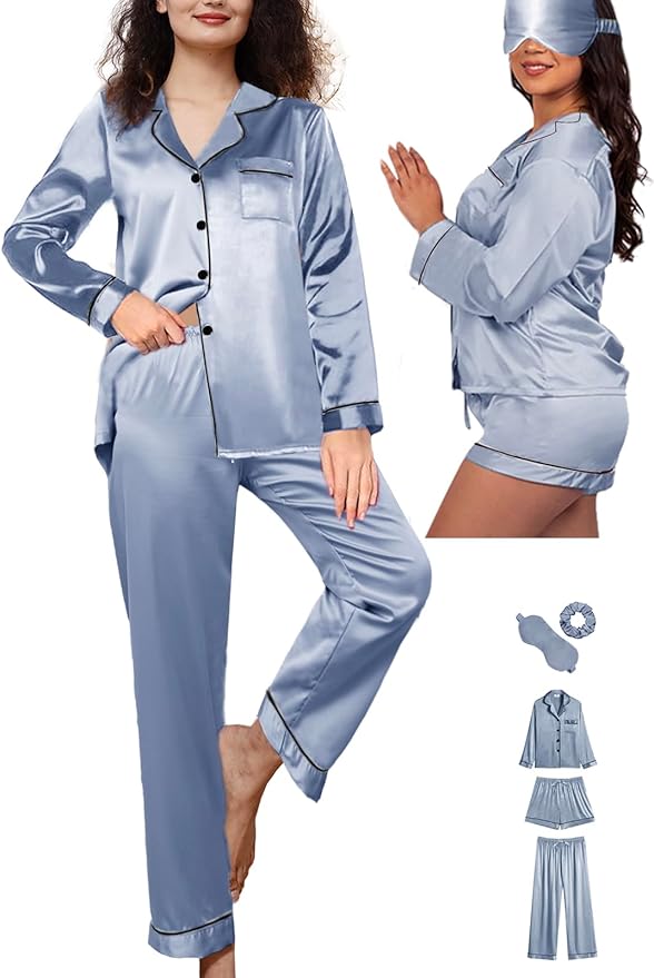 WJing Yi Jia 5Pcs XS-XXL Womens Silk Satin Pajamas Sets Long Pj Sets Button Down Pjs Set Loungewear Sleepwear