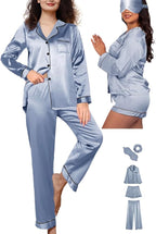 WJing Yi Jia 5Pcs XS-XXL Womens Silk Satin Pajamas Sets Long Pj Sets Button Down Pjs Set Loungewear Sleepwear