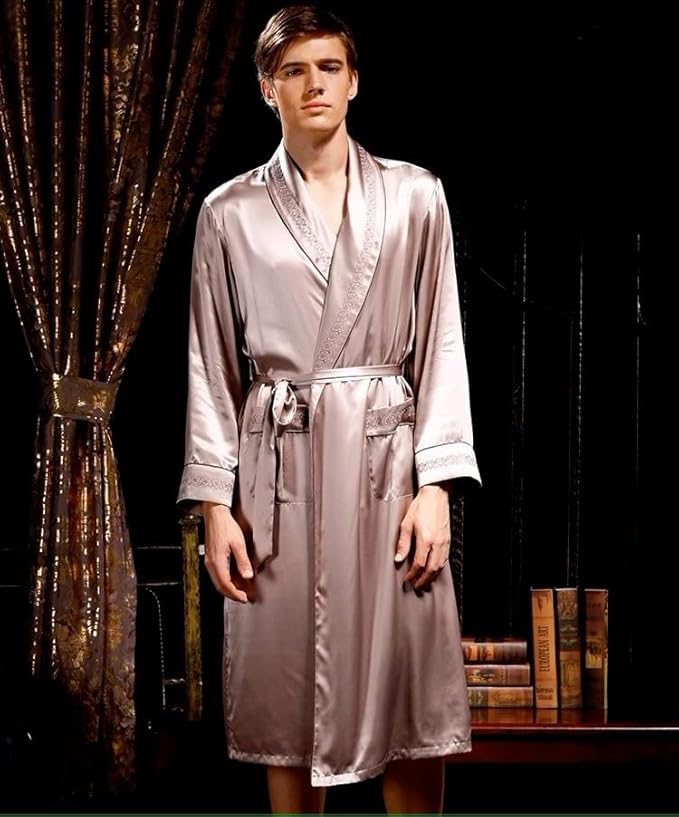 Men's 100% Mulberry Silk Long Robe Kimono Paisley Print Bath Robe, Heavy Silk 19 Momme Dressing Gown