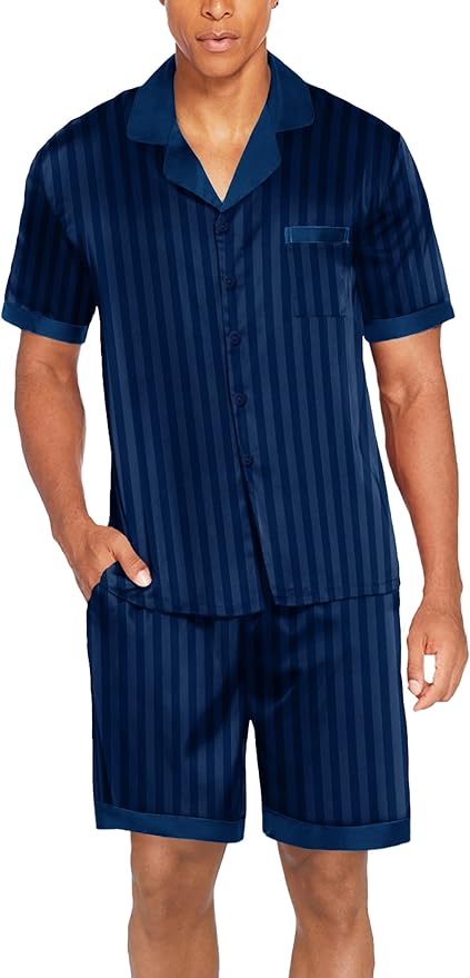 Ekouaer Men Satin Silk Pajamas Set with Pockets Sleepwear Shorts Satin Summer Loungewear 2 Piece Button Down Set S-3XL
