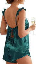 Ekouaer Satin Pajama Set for Women, Backless Silk Lingerie Pjs Back Tie-up Camisole Top and Shorts with Ruffle Sleepwear