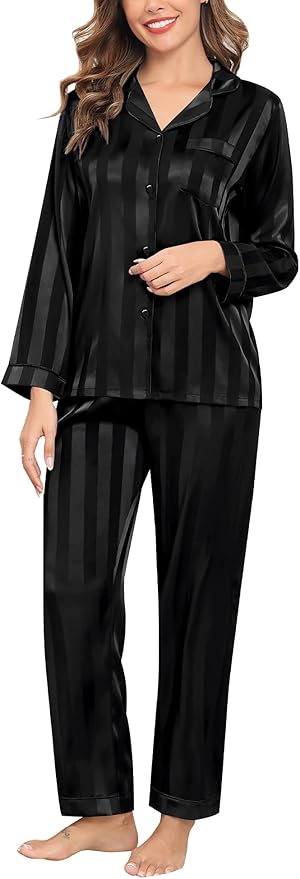 SWOMOG Womens Silk Satin Pajamas Set Long Sleeve Button Down Sleepwear 2 Piece Lounge Set Pj Set XS-3XL