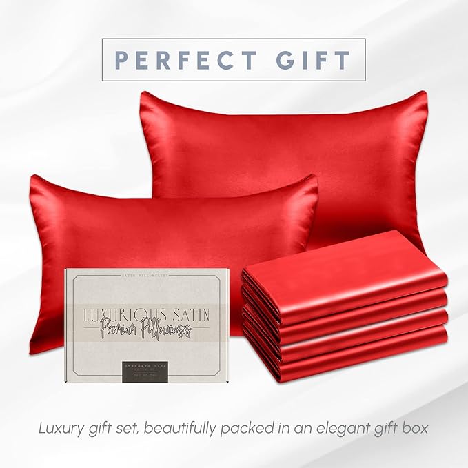 Elegant Comfort 6-Pack Cooling Viscose Satin Pillowcase Set with Hidden Zipper Closure, Silky Smooth for Best Hair and Skin Care-Beautiful Gift Box-6-Piece Satin Pillowcase Set, King, Red