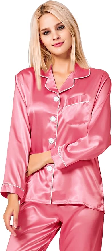 SWOMOG Womens Silk Satin Pajamas Set Long Sleeve Button Down Sleepwear 2 Piece Lounge Set Pj Set XS-3XL