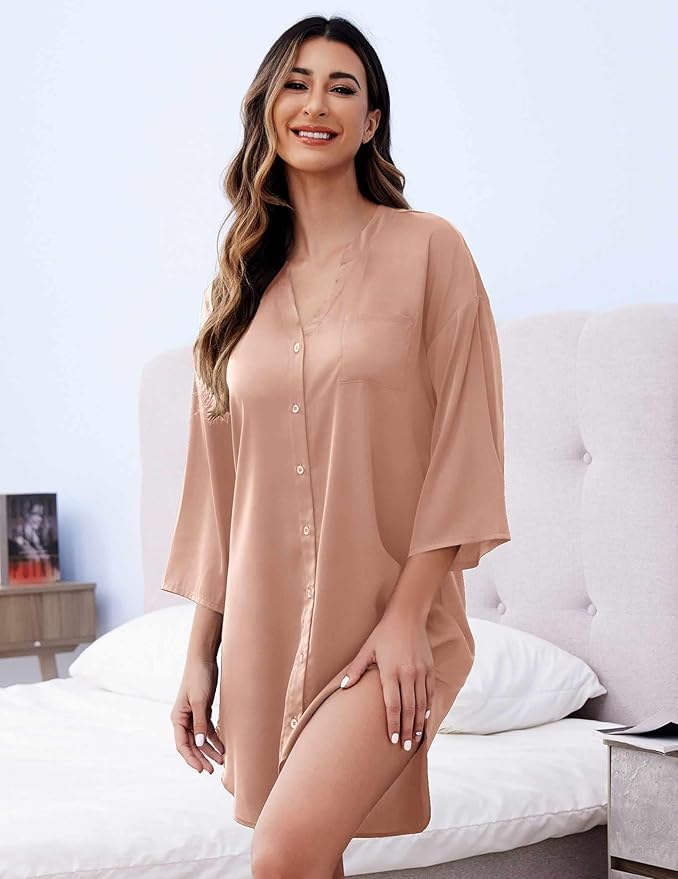 Ekouaer Satin Nightgowns for Women Silk Sleepwear Button Down Sleepshirt 3/4 Sleeve V-Neck Nightshirts with Pockets