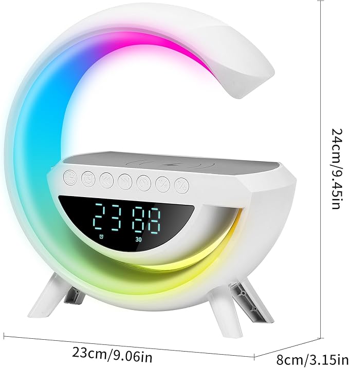 Smart Alarm Clock with Wireless Charging, 9.45" RGB Night Light Table Lamp, Bluetooth Speaker, Sound Machine, Sunrise Wake Up Light, Dimmable LED Lamp for Bedroom, Home Office, Dorm