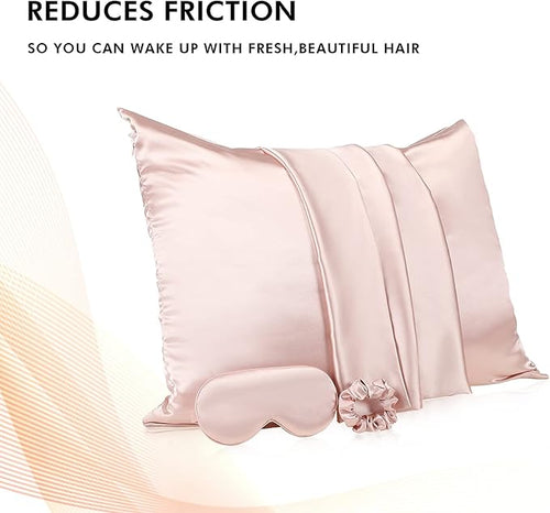 2 Pack Satin Pillowcase with Latent Zipper, Adjustable Satin Eye Mask for Sleeping and Satin Volume Scrunchie for Hair and Skin, Standard Size (Light Pink,Classic Style)